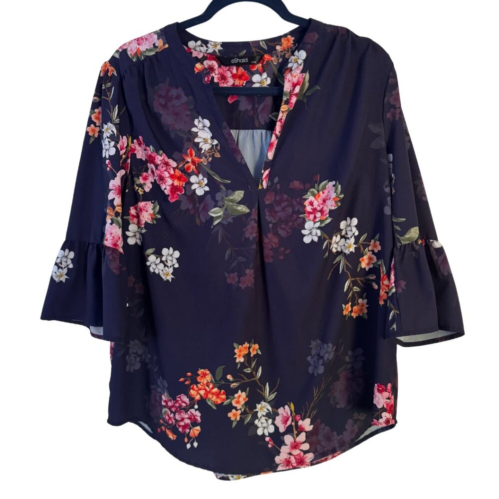 eShakti Navy Blue Floral Popover V-Neck Top 3/4 Sleeves with Ruffle Size Large